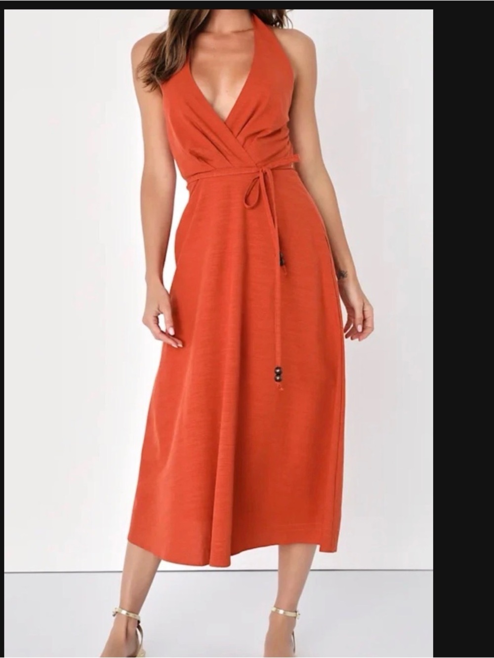 Sleeveless Wrap Midi Dress in Burnt Orange